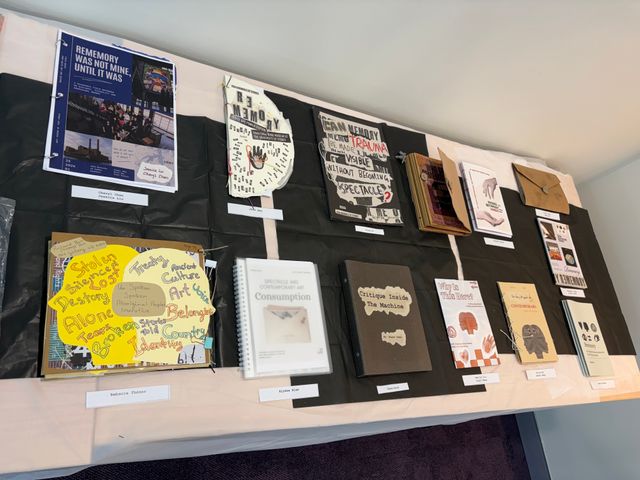 View of printed zines laid out on a table